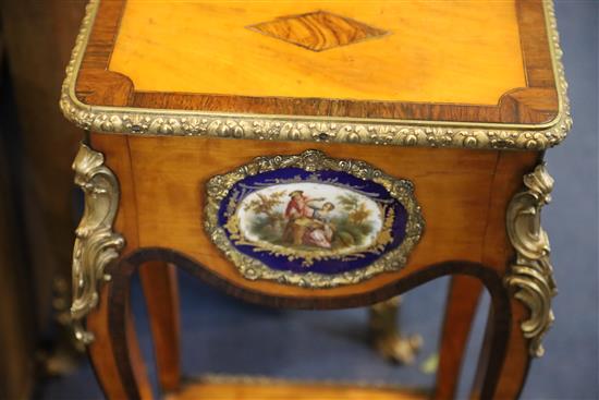 A pair of Louis XVI style ormolu mounted satinwood gueridons, W.1ft 2in. D. 9in. H.2ft 3.5in.